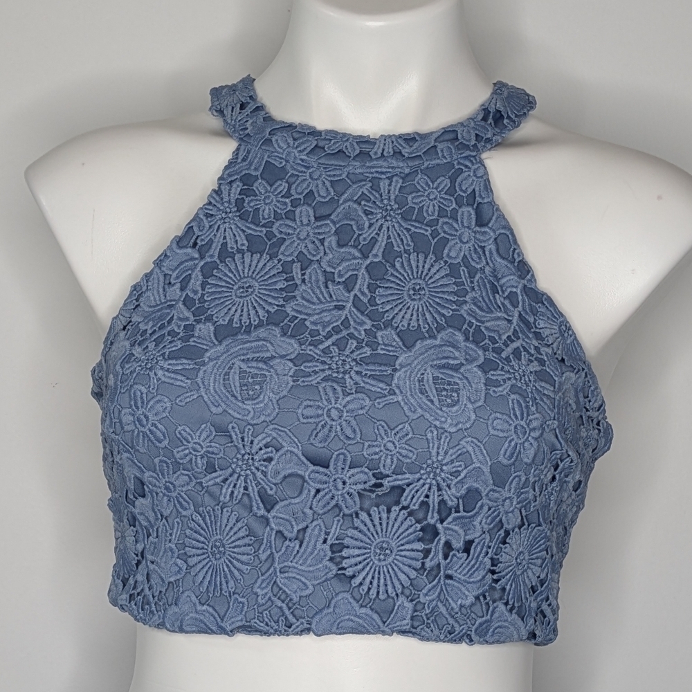 Lulus Blue Embroidered Floral Lace Crop Halter Top XS